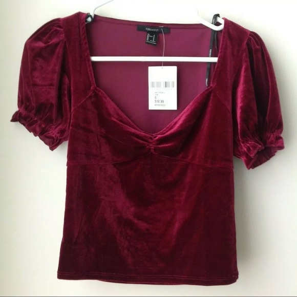 F21 Wine Puff Sleeve Top NEW w Tags No Flaws Sm - Picture 7 of 13